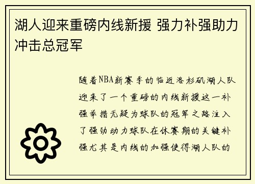 湖人迎来重磅内线新援 强力补强助力冲击总冠军